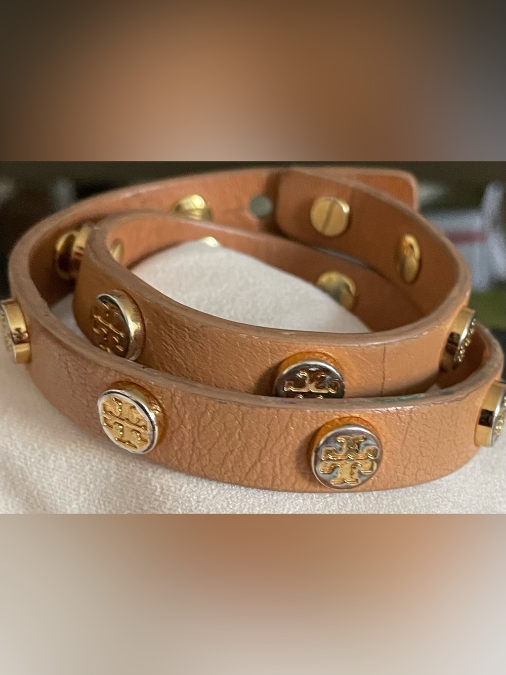 Tory Burch Cognac Double-Wrap Logo Stud Leather Bracelet